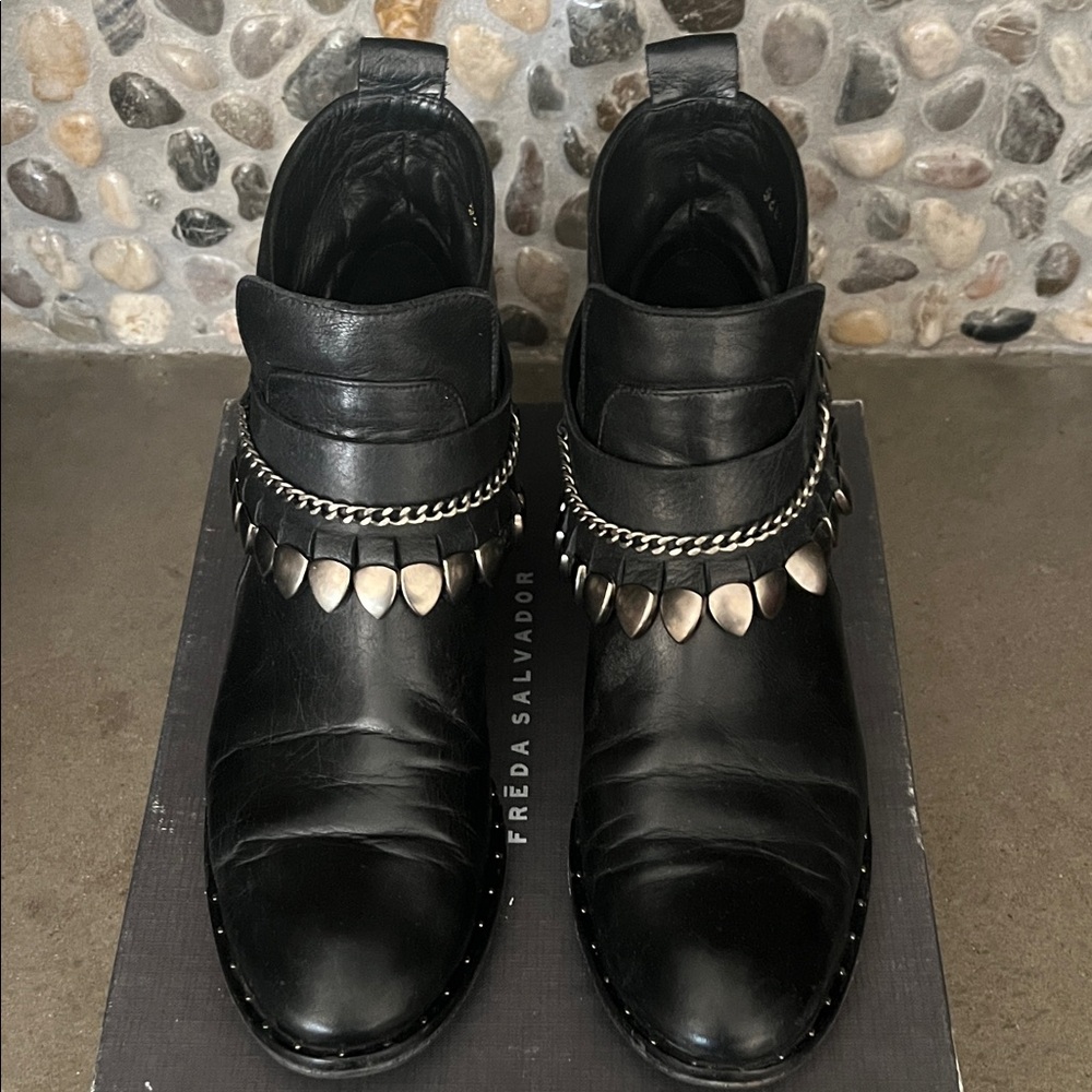 Freda Salvador Black Leather Ankle Boots with Silver Chain & Teardrop Accents - Picture 2 of 6